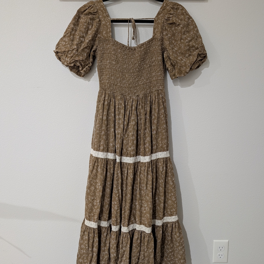 SOLD Elegant Brown Puff Sleeve Maxi Dress